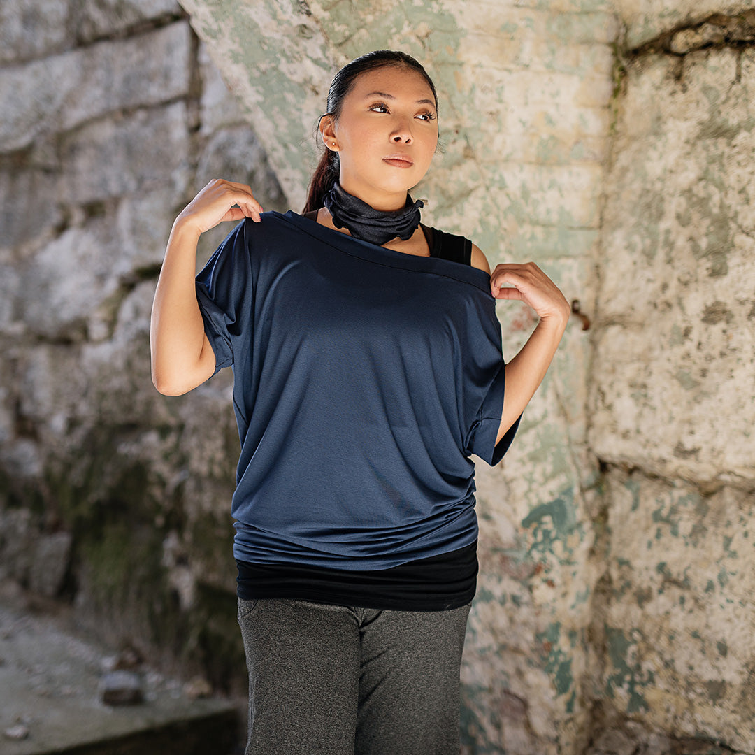 flash off shoulder top in navy paired with kick yoga pant in charcoal and the band around neck in midnight