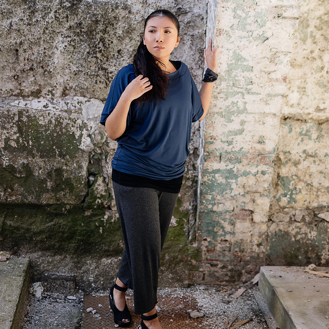 flash off shoulder top in navy paired with kick yoga pant in charcoal