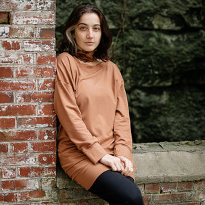 terry welder pullover in cedar with almond band around neck