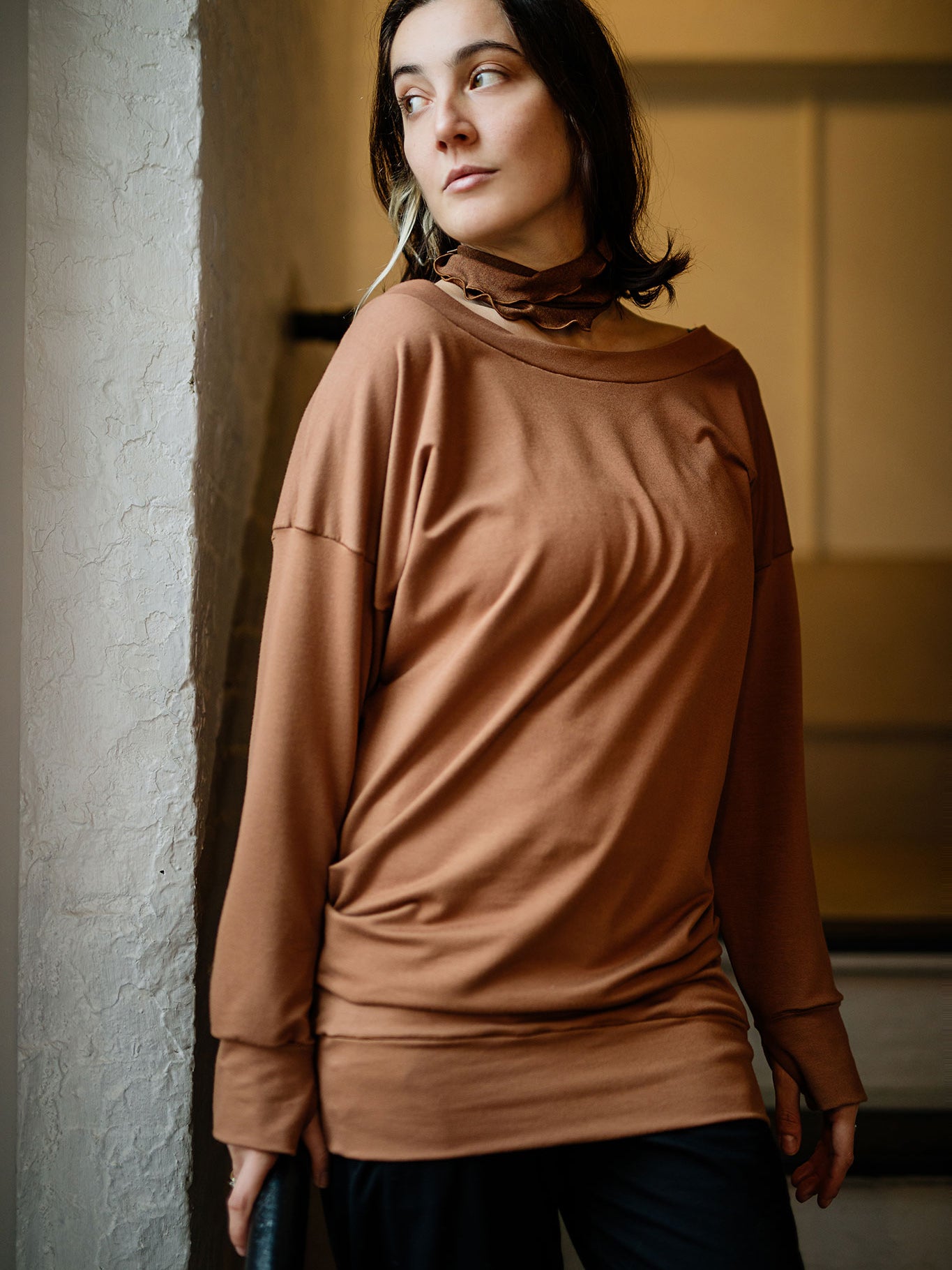 terry welder pullover in cedar with almond band around neck