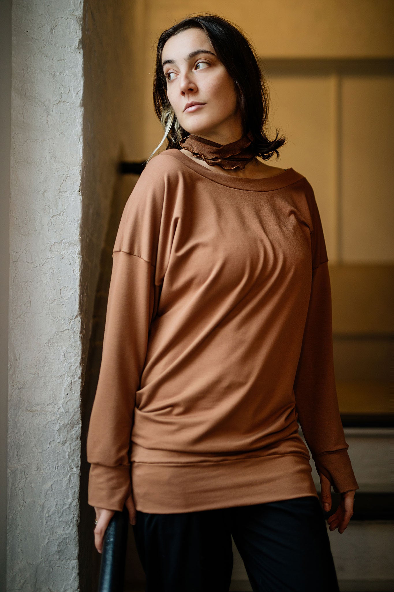 terry welder pullover in cedar with almond band around neck