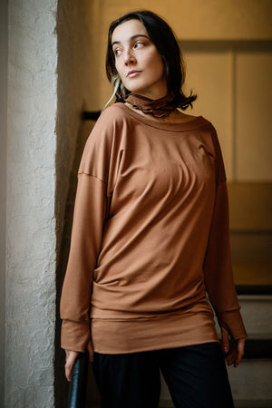 terry welder pullover in cedar with almond band around neck