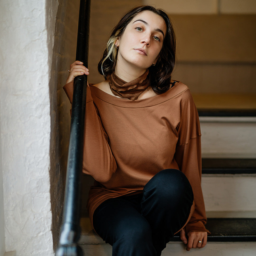 terry welder pullover in cedar with almond band at neck and black jogger