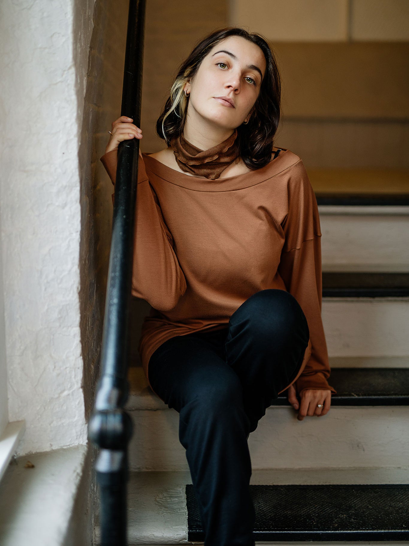 terry welder pullover in cedar with black jogger and almond band around neck