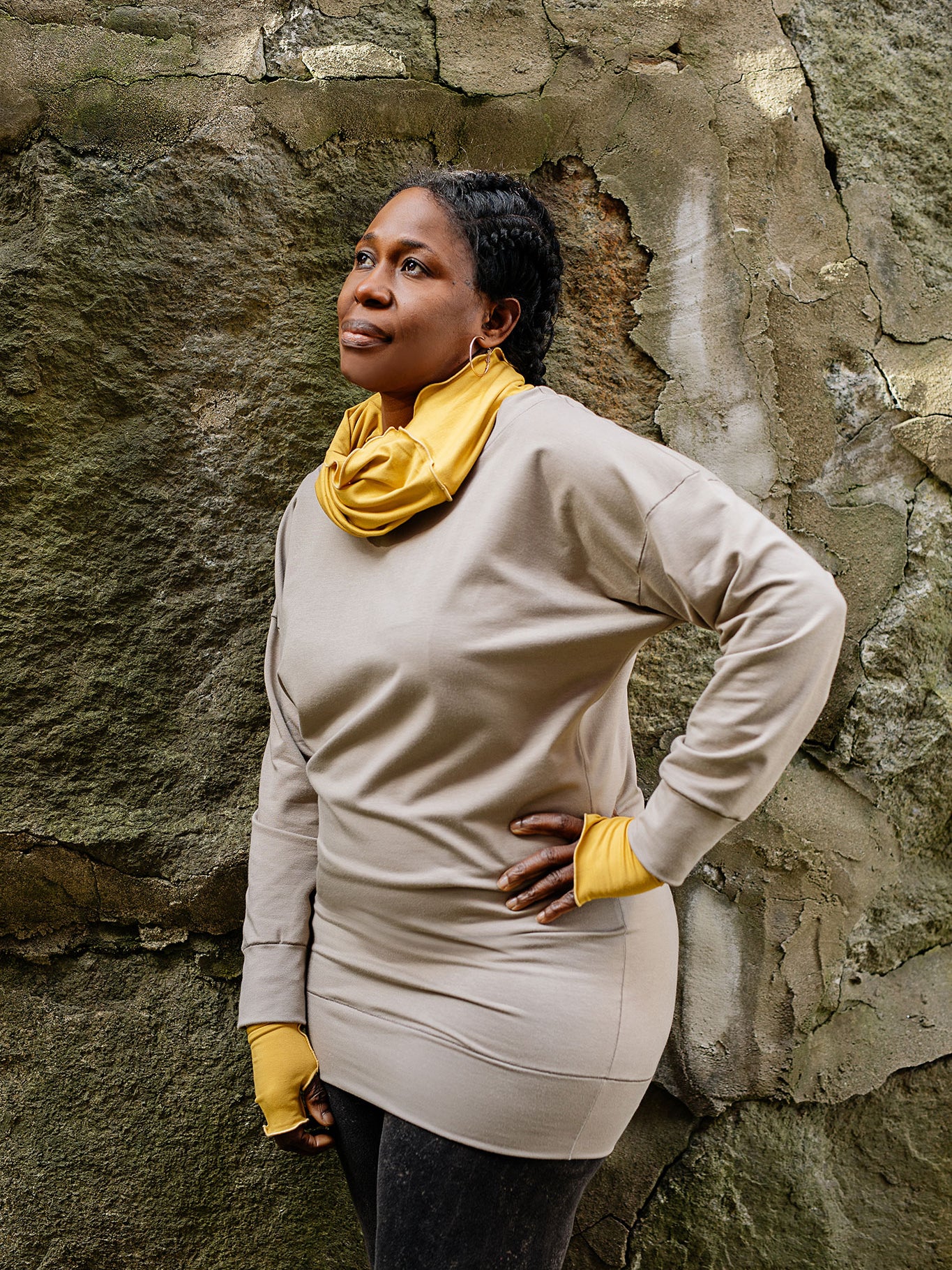 terry welder pullover in clay with amber loop and opera sleeves