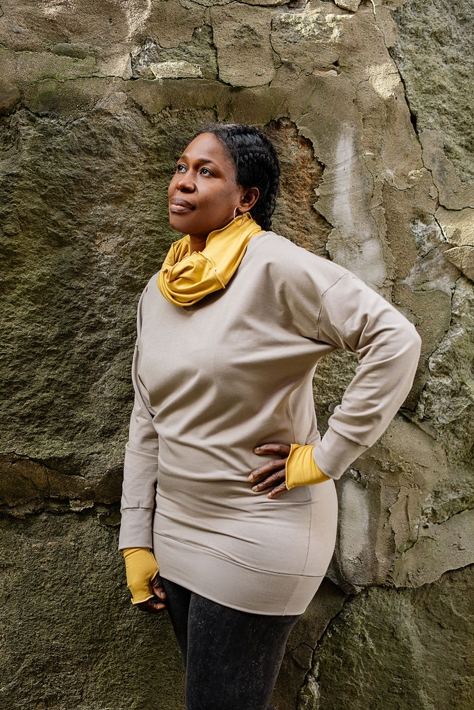 terry welder pullover in clay with amber loop and opera sleeves