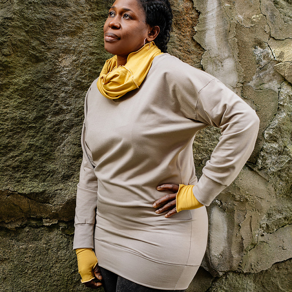 terry welder pullover in clay with amber hourglass and opera sleeves