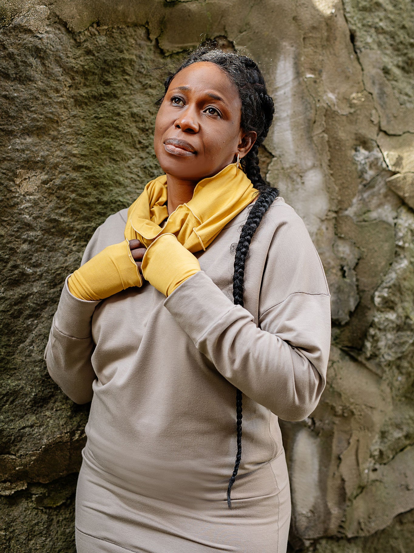 terry welder pullover in clay with amber loop and opera sleeves