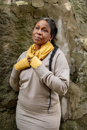 terry welder pullover in clay with amber loop and opera sleeves