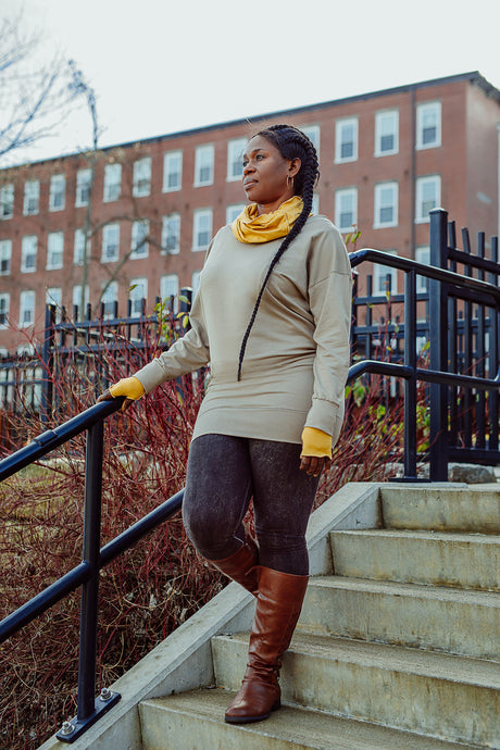 terry welder pullover in clay with amber loop and opera sleeves