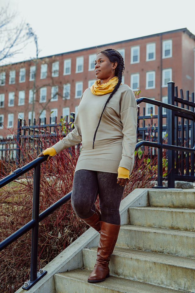 terry welder pullover in clay with amber loop and opera sleeves