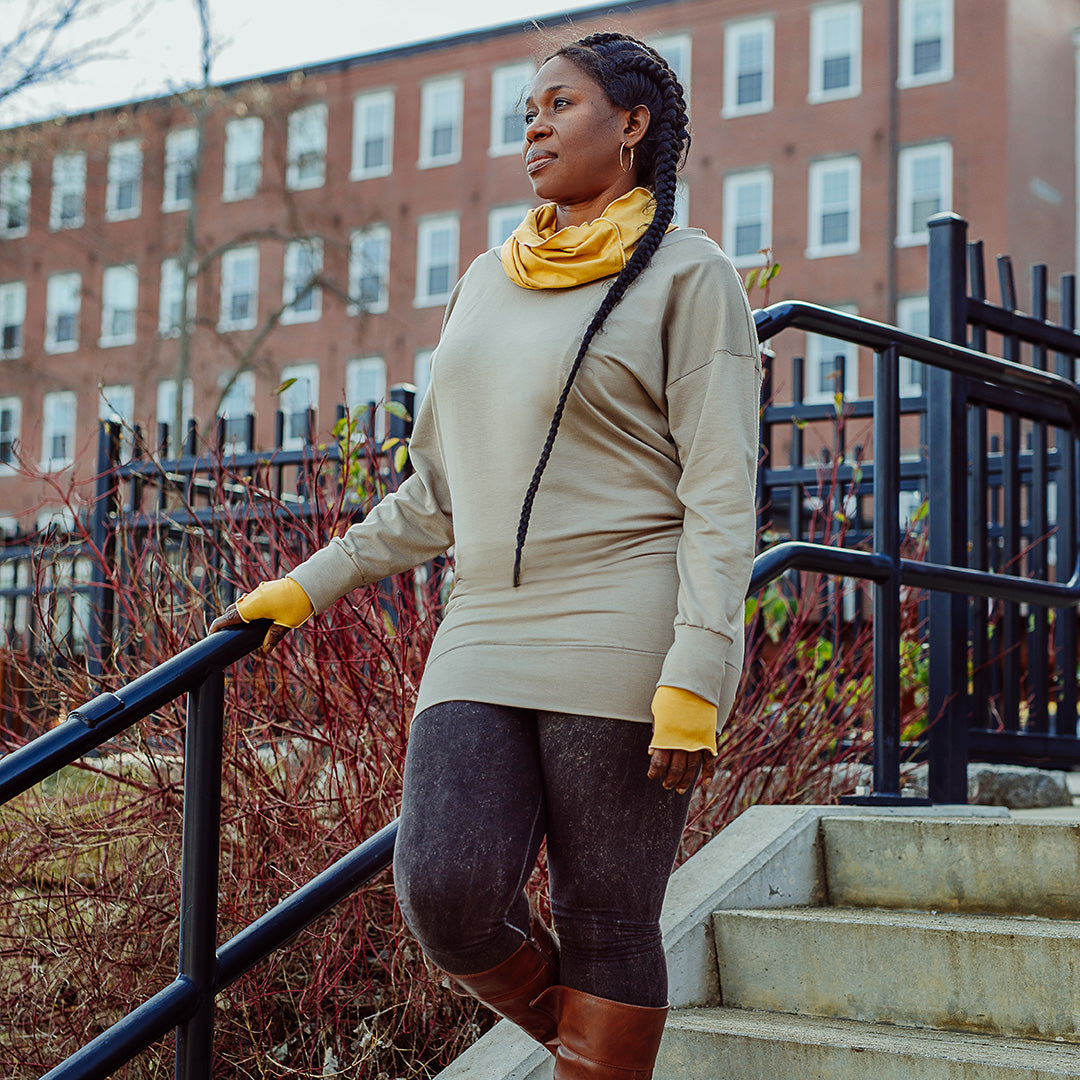 terry welder pullover in clay with amber hourglass and opera sleeves
