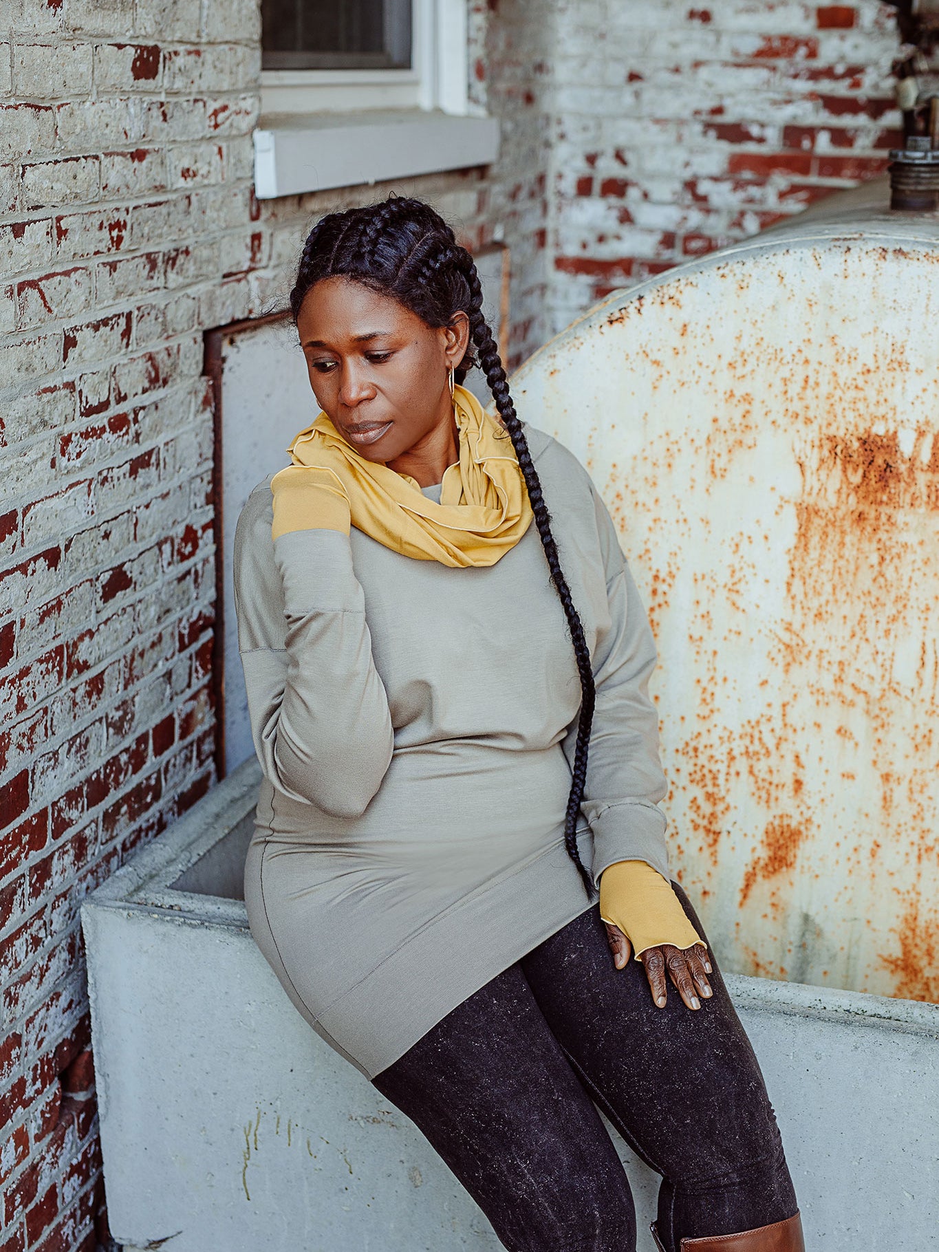 terry welder pullover in clay with amber loop and opera sleeves