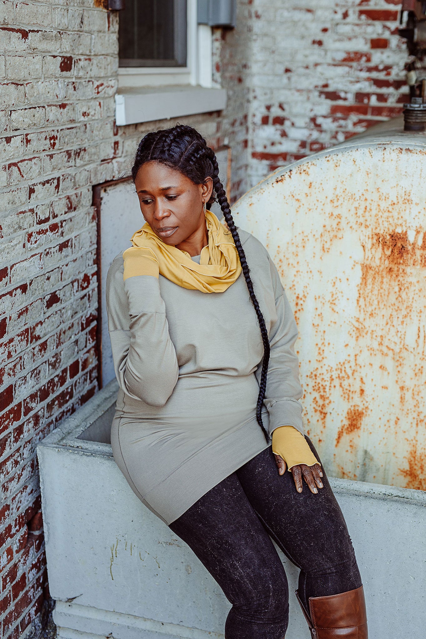 terry welder pullover in clay with amber loop and opera sleeves