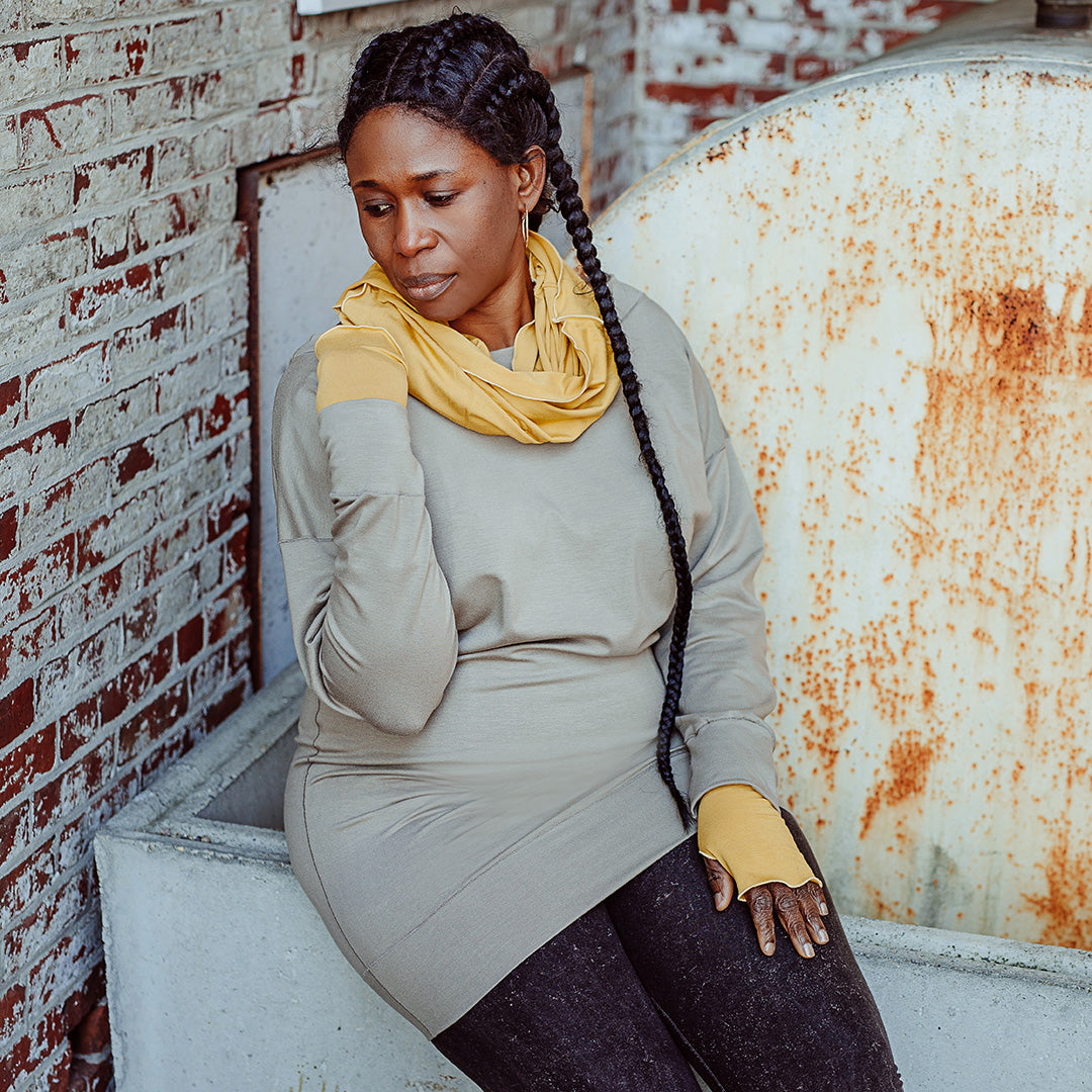 terry welder pullover in clay with amber loop and opera sleeves