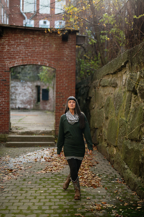 terry welder pullover in fir with mercury hourglass and loop