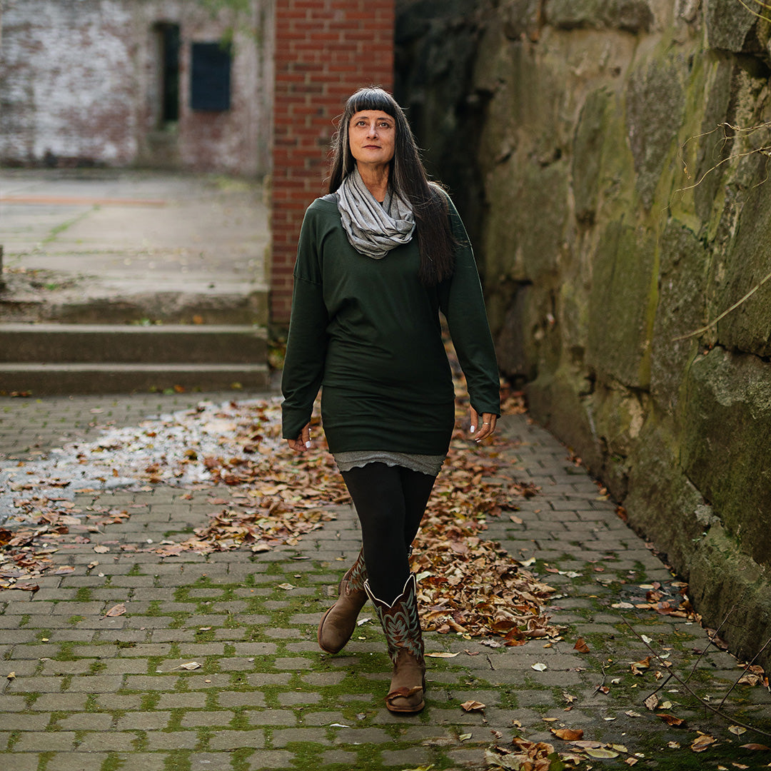 terry welder pullover in fir with mercury hourglass and loop