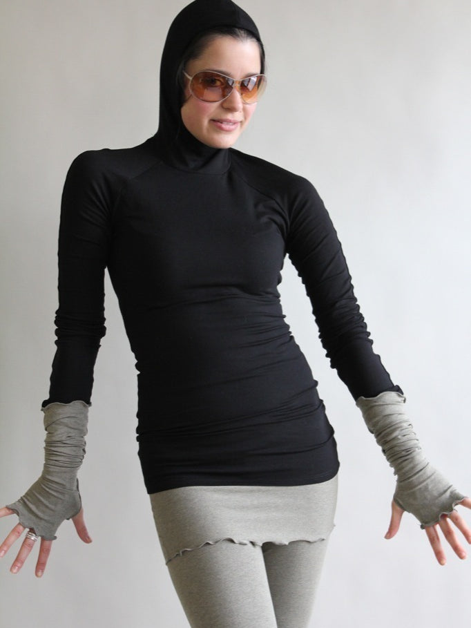 black scuba tunic + sand playsuit and opera sleeves