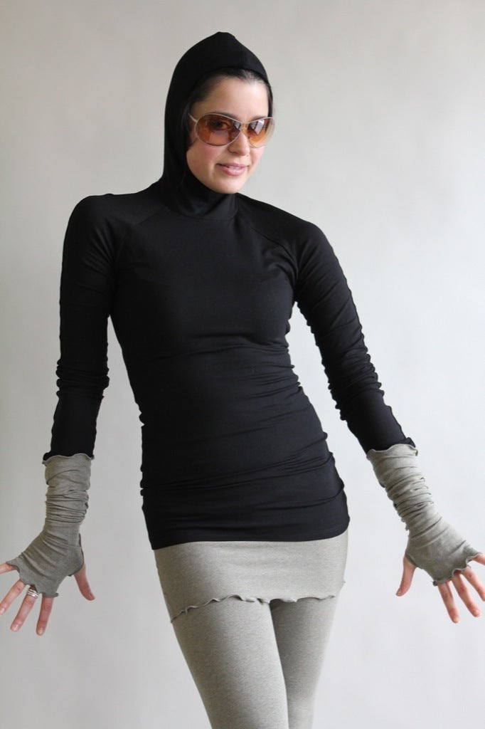 black scuba tunic + sand playsuit and opera sleeves