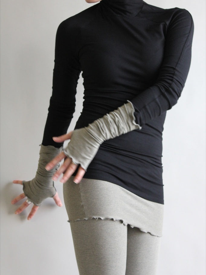 black scuba tunic + sand playsuit and opera sleeves