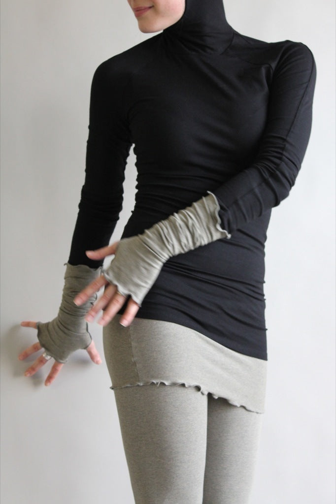 black scuba tunic + sand playsuit and opera sleeves