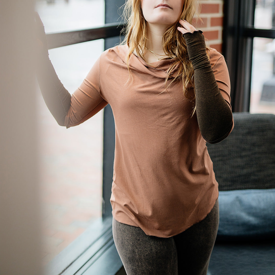 grace cowl neck top in cedar with espresso opera sleeves
