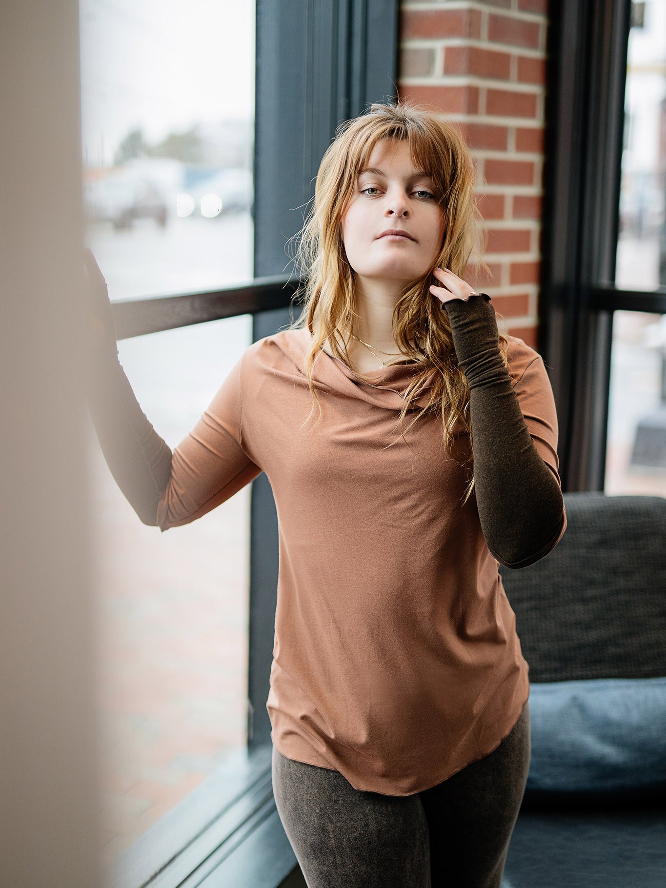grace cowl neck top in cedar with opera sleeves in espresso