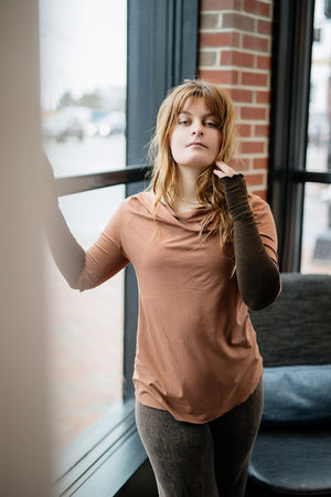 grace cowl neck top in cedar with opera sleeves in espresso