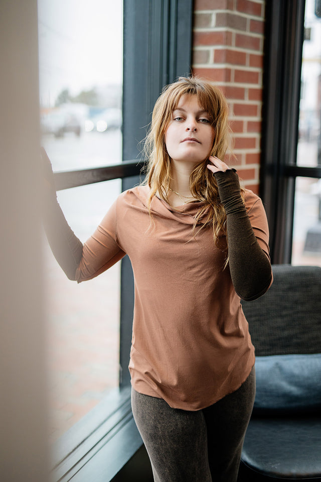 grace cowl neck top in cedar with opera sleeves in espresso