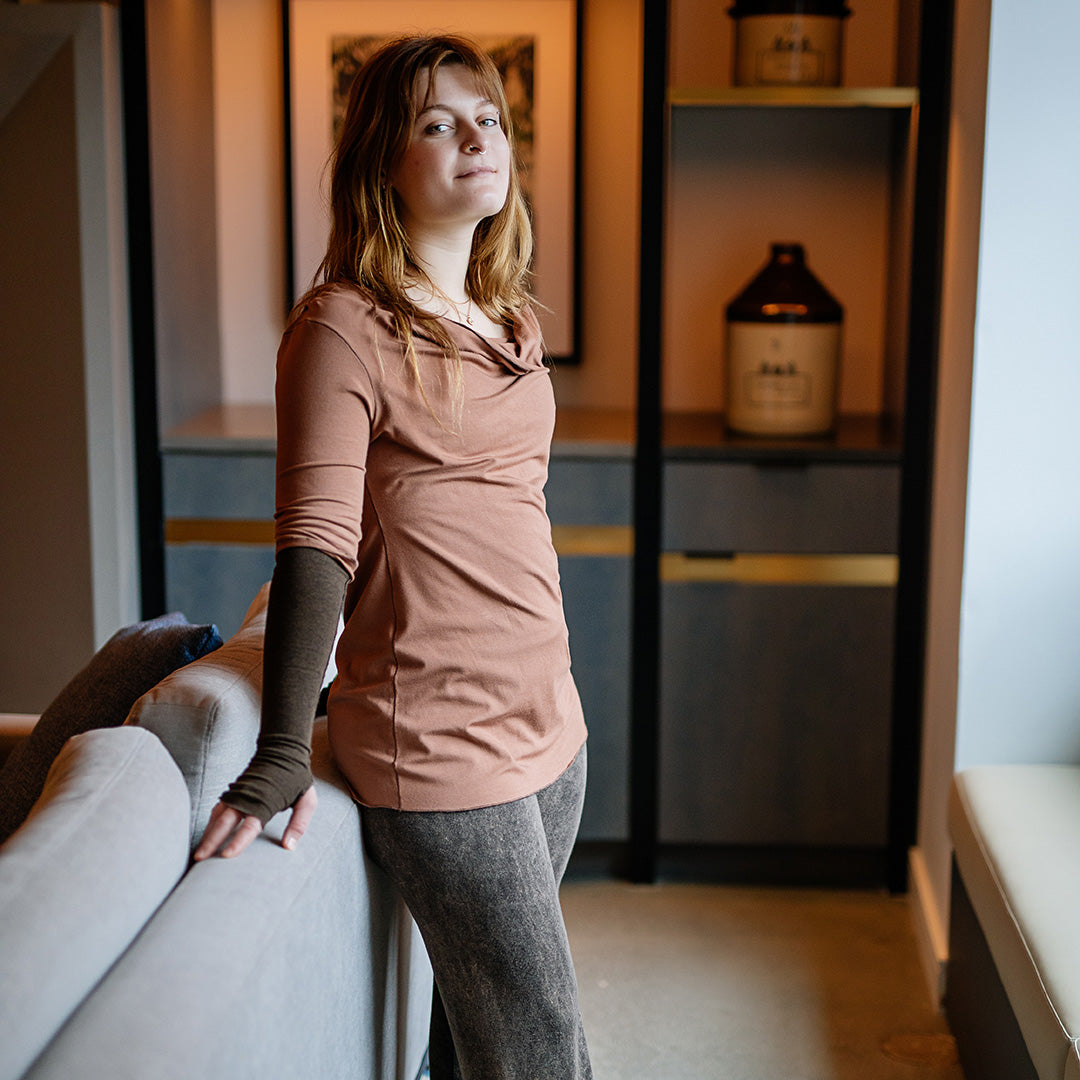 grace cowl neck top in cedar with espresso opera sleeves and mineral trouser