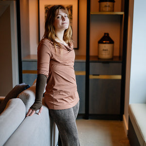 grace cowl neck top in cedar with espresso opera sleeves and mineral trouser