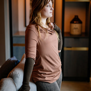 grace cowl neck top in cedar with espresso opera sleeves