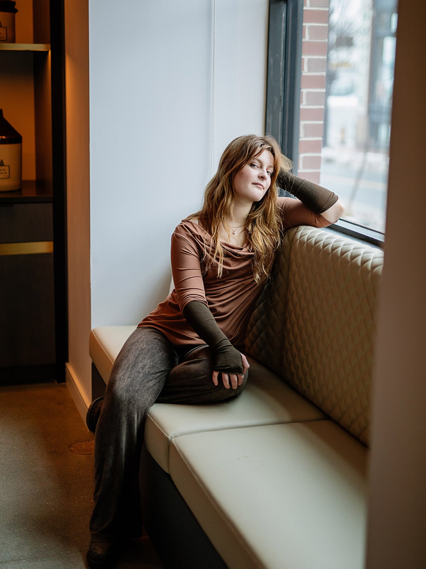 grace cowl neck top in cedar with espresso opera sleeves and mineral trouser