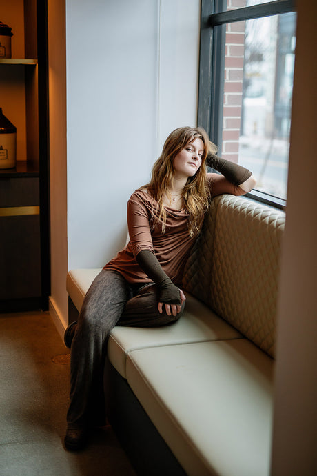 grace cowl neck top in cedar with espresso opera sleeves and mineral trouser