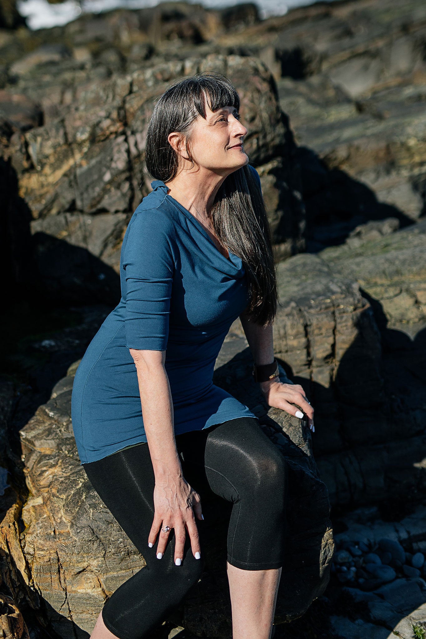 grace cowl neck half sleeve top in lake paired with black capri