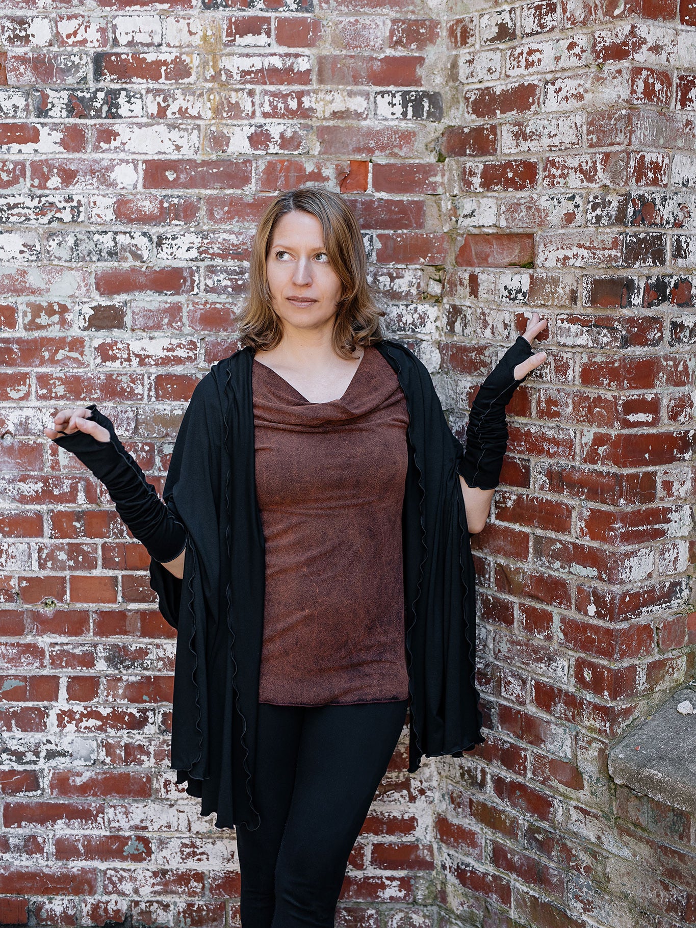 grace cowl neck top in lush mineral with black shawl + opera sleeves