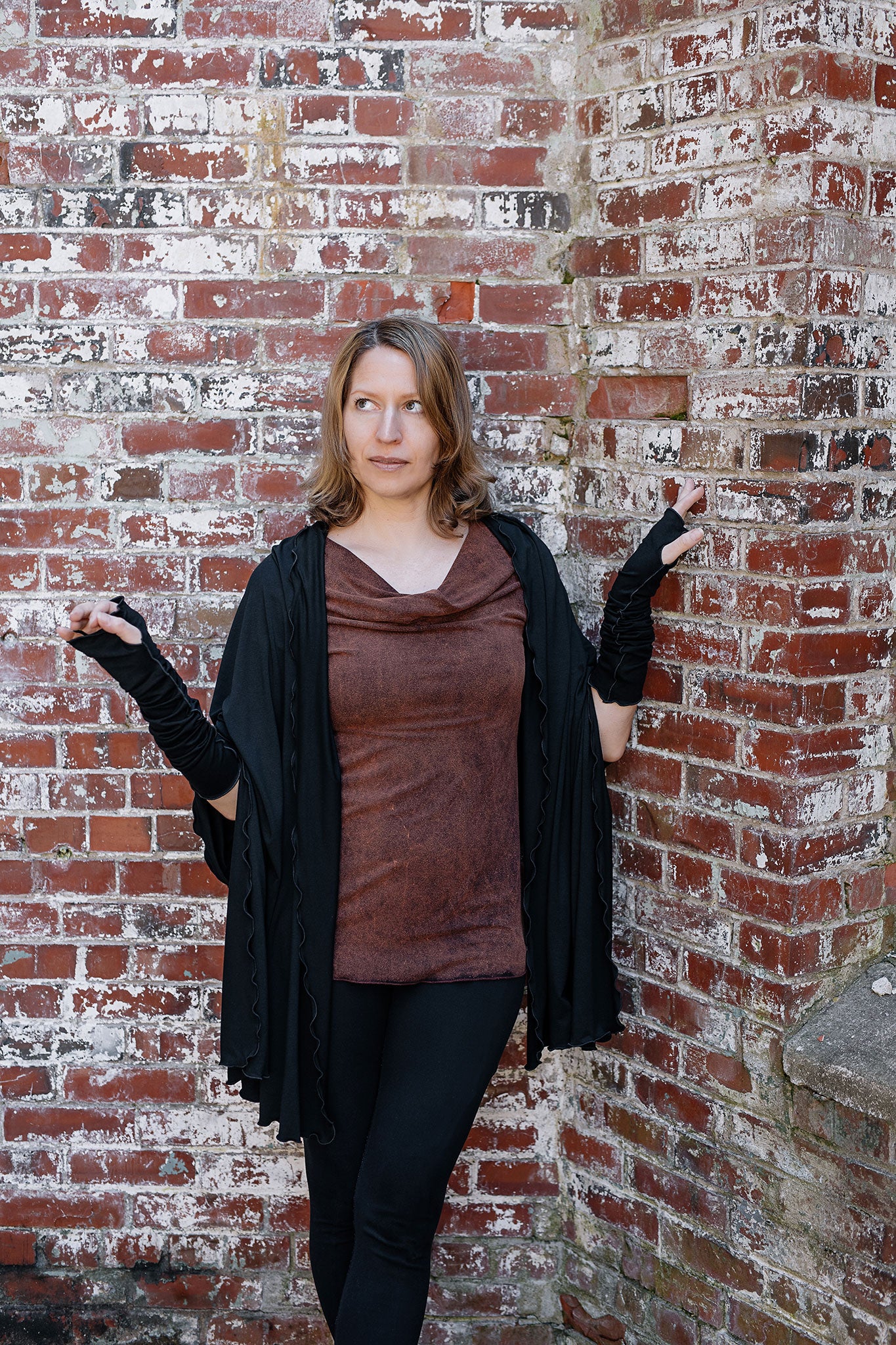 grace cowl neck top in lush mineral with black shawl + opera sleeves