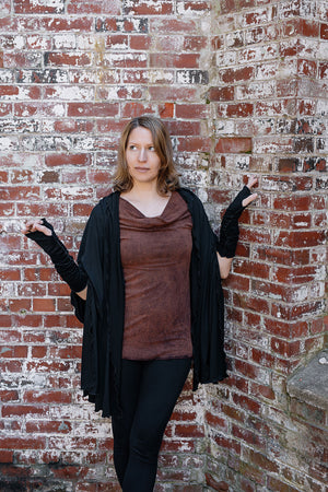 grace cowl neck top in lush mineral with black shawl + opera sleeves
