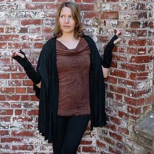 grace cowl neck top in lush mineral with black shawl + opera sleeves
