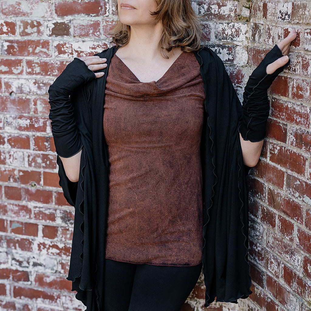 grace cowl neck top in lush mineral with black shawl + opera sleeves