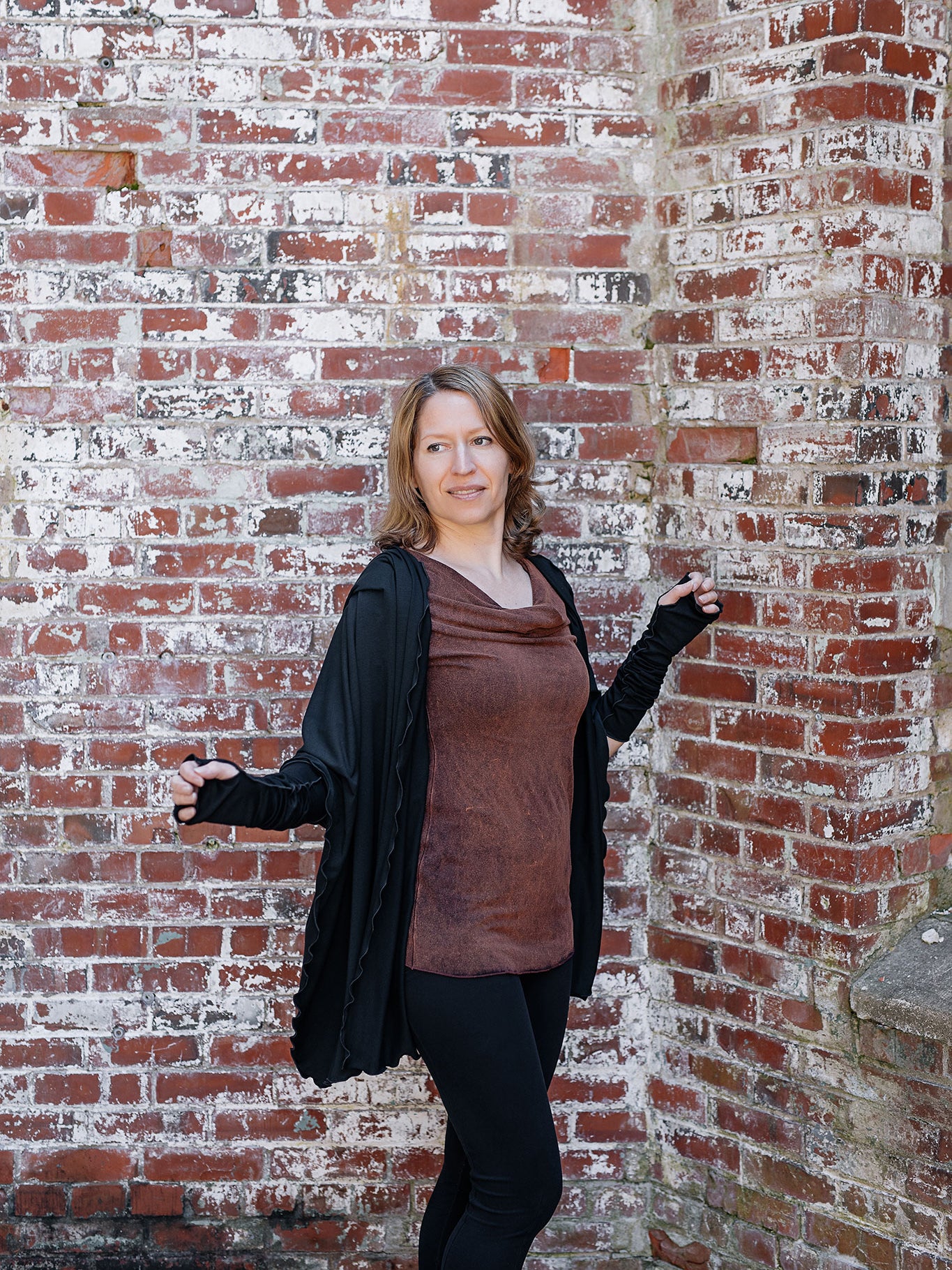 grace cowl neck top in lush mineral with black shawl + opera sleeves