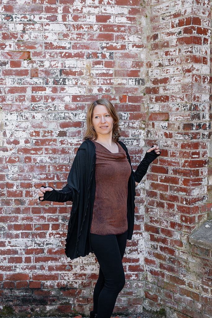 grace cowl neck top in lush mineral with black shawl + opera sleeves