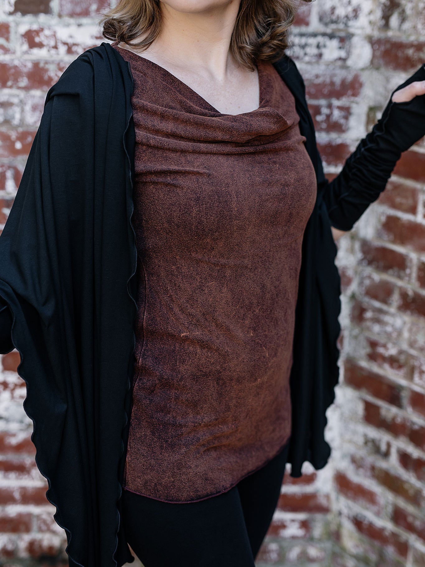 grace cowl neck top in lush mineral with black shawl + opera sleeves
