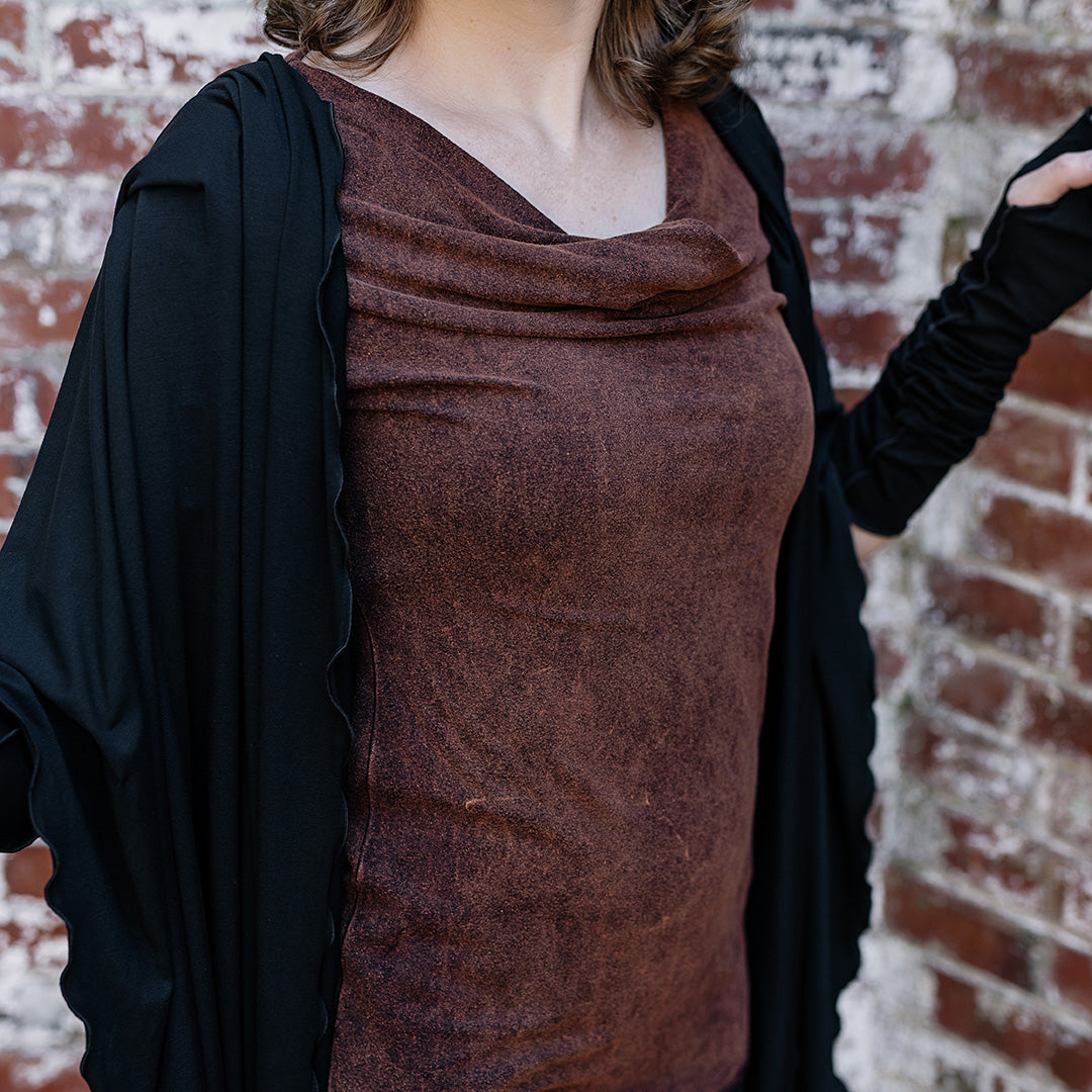 grace cowl neck top in lush mineral with black shawl + opera sleeves
