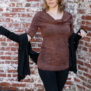 grace cowl neck top in lush mineral with black shawl + opera sleeves