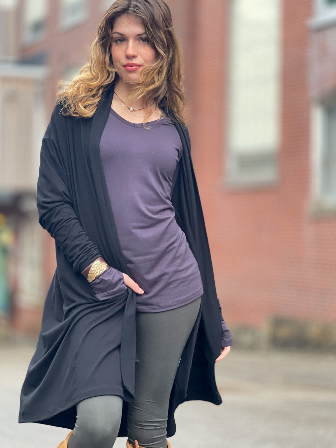 bamboo carbon vneck long sleeve top with fir base leggings and a black coco blazer.