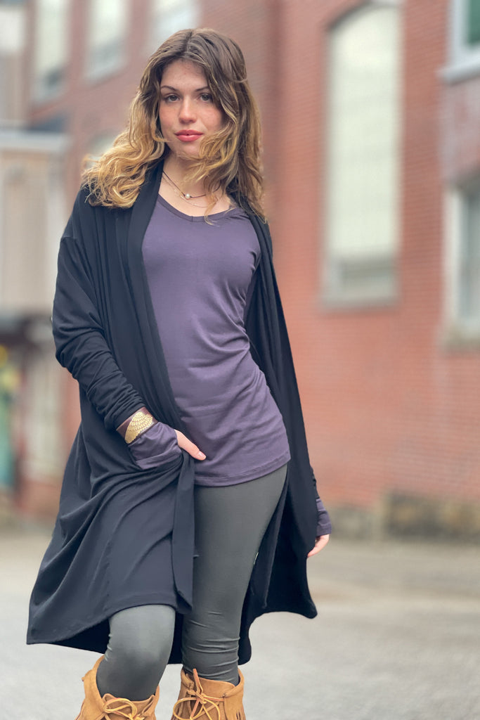 bamboo carbon vneck long sleeve top with fir base leggings and a black coco blazer.