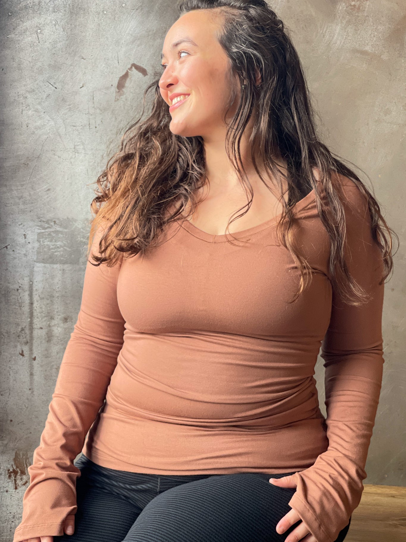 bamboo cedar vneck long sleeve top and base leggings in subtle black.