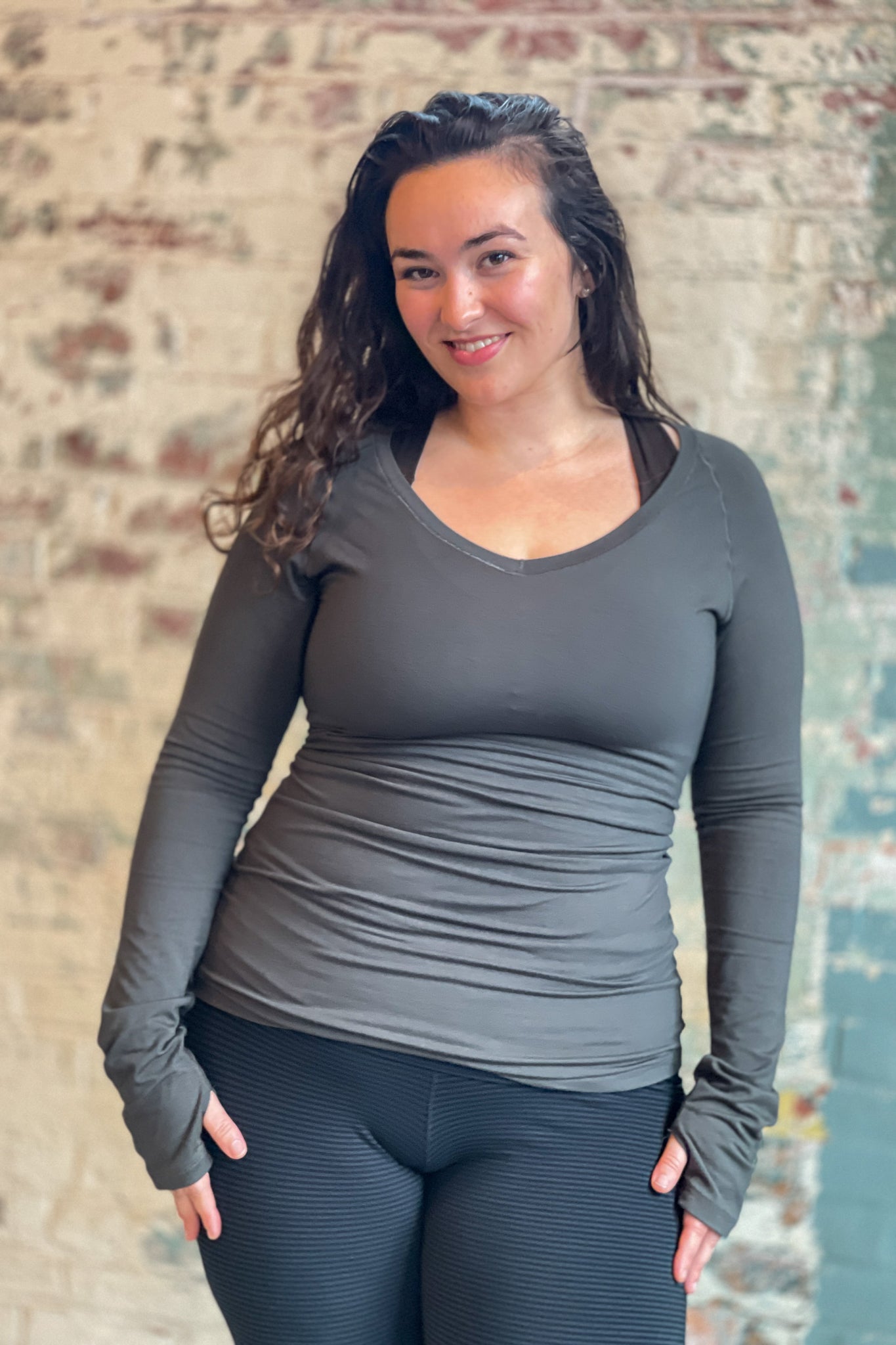 bamboo fir vneck long sleeve top with subtle black base leggings and balance bra