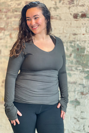 bamboo fir vneck long sleeve top with subtle black base leggings and balance bra